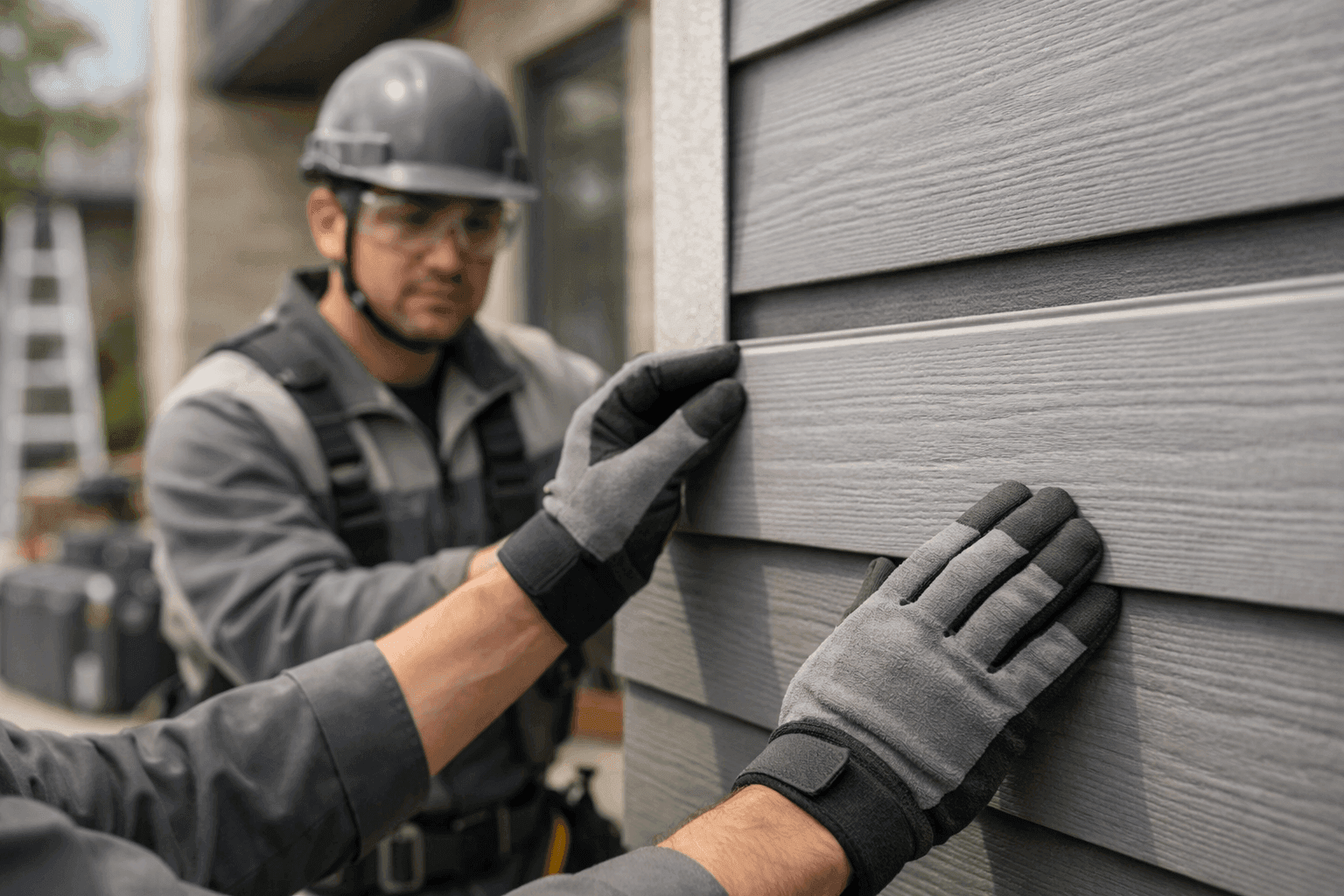Professional siding installer aligning siding panel on residential or commercial building exterior