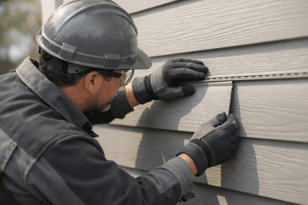 Close-up of worker wearing safety gear installing vinyl siding on clean residential exterior